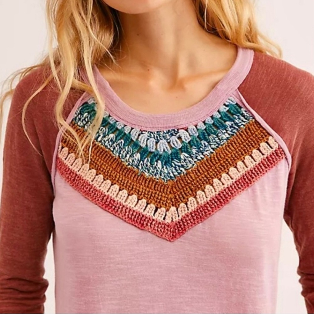 We the Free Spring Bound Crochet Yoke Tee Boho Tunic Top 3/4 Sleeve